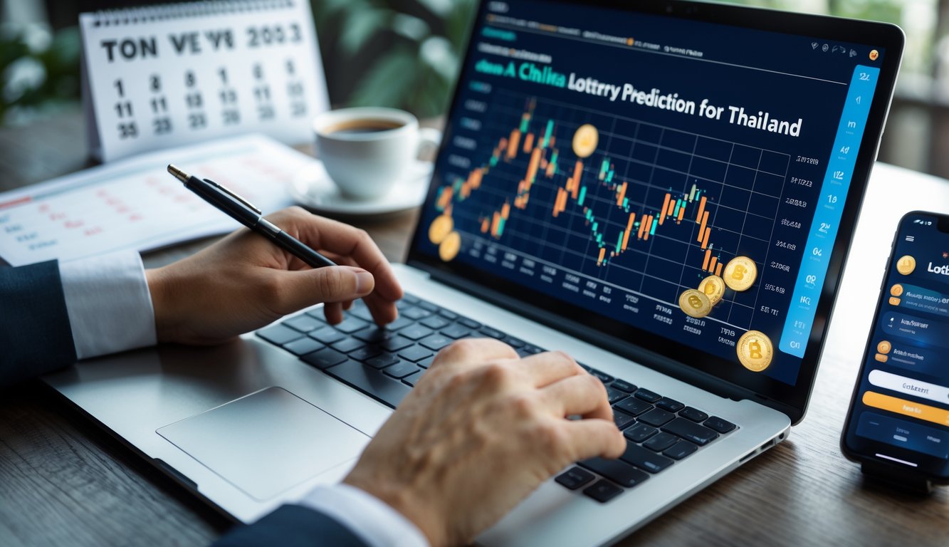 Orang sedang bekerja di depan laptop dan smartphone dengan tampilan grafik dan angka terkait prediksi togel online, di meja kerja dengan kalender dan secangkir kopi.