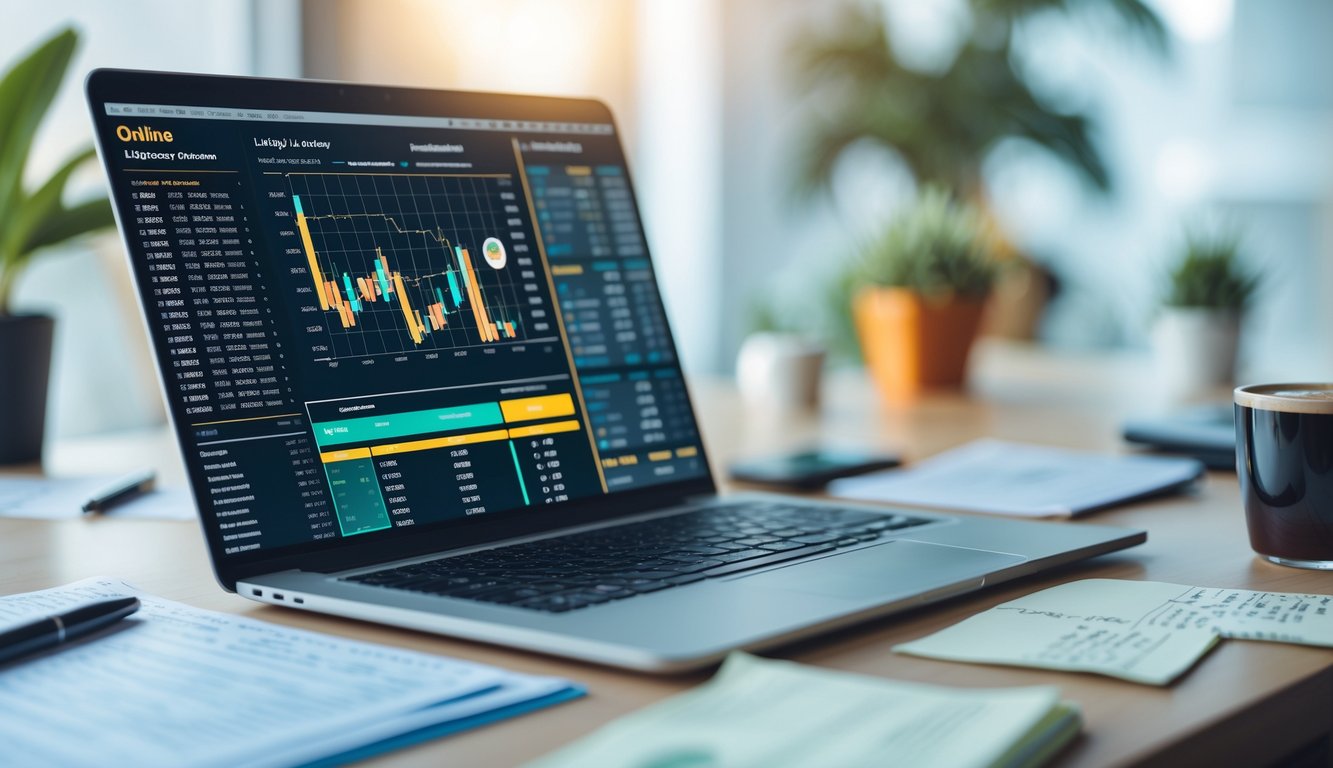 Sebuah ruang kerja modern dengan laptop dan ponsel yang menampilkan grafik dan angka, dikelilingi oleh catatan dan cangkir kopi di atas meja.