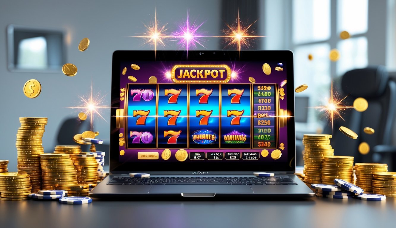 Sebuah komputer dengan tampilan permainan slot online yang menampilkan gulungan berwarna-warni dan simbol jackpot, dikelilingi koin emas dan chip poker di ruang permainan yang terang.