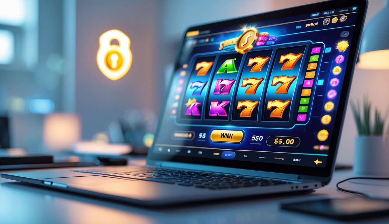 Seorang pengguna sedang bermain mesin slot online di komputer dengan latar ruang kerja yang rapi dan pencahayaan lembut.