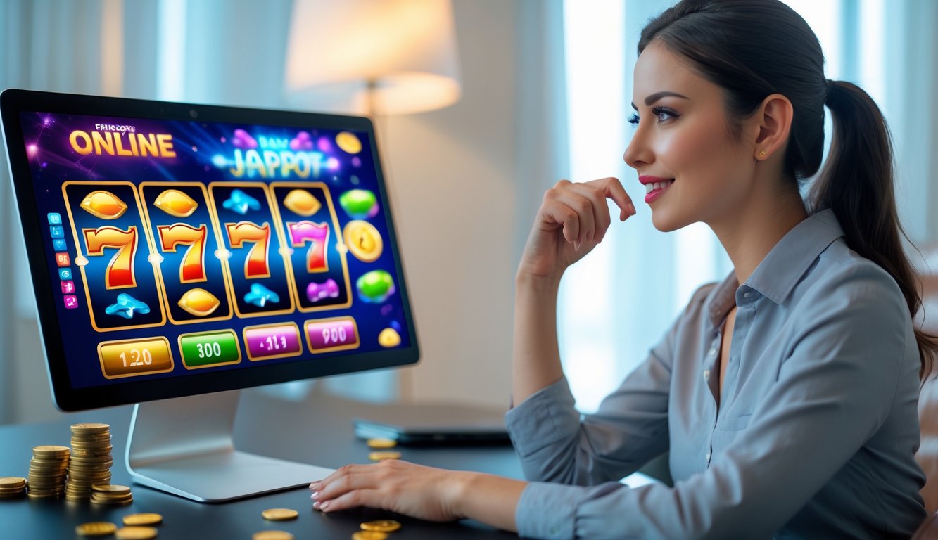 Seorang wanita muda duduk di depan laptop dengan tampilan permainan slot online di layar, di meja terdapat chip dan koin, menunjukkan suasana fokus dan antisipasi menang.