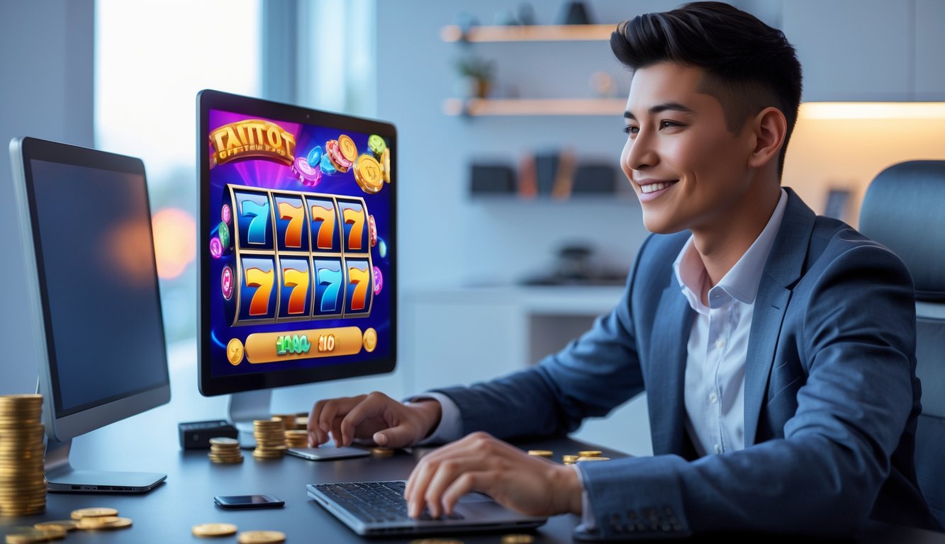 Seorang dewasa muda duduk di meja dengan laptop yang menampilkan permainan slot online, terlihat fokus dan percaya diri dalam suasana kantor rumah yang rapi.