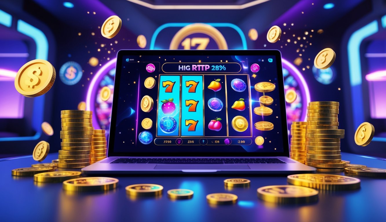 Sebuah komputer modern menampilkan permainan slot online dengan simbol jackpot dan koin emas di ruangan dengan pencahayaan biru dan ungu.