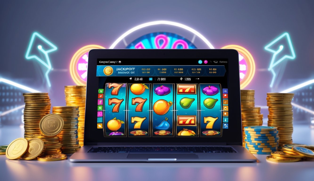 Seorang pengguna sedang melihat layar perangkat digital yang menampilkan mesin slot online dengan koin emas dan chip kasino di sekitarnya.