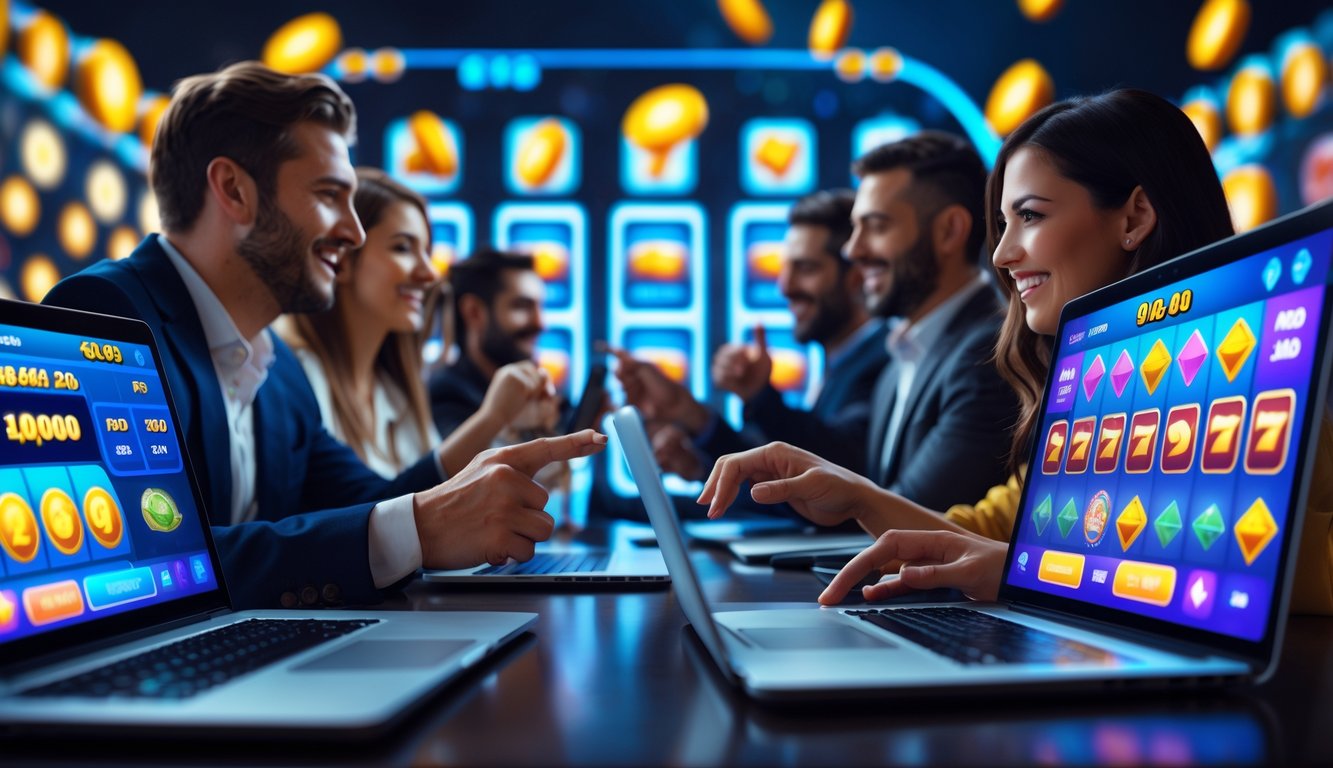 Orang-orang yang bermain permainan slot online dengan antusias menggunakan laptop dan ponsel di lingkungan yang cerah dan modern.