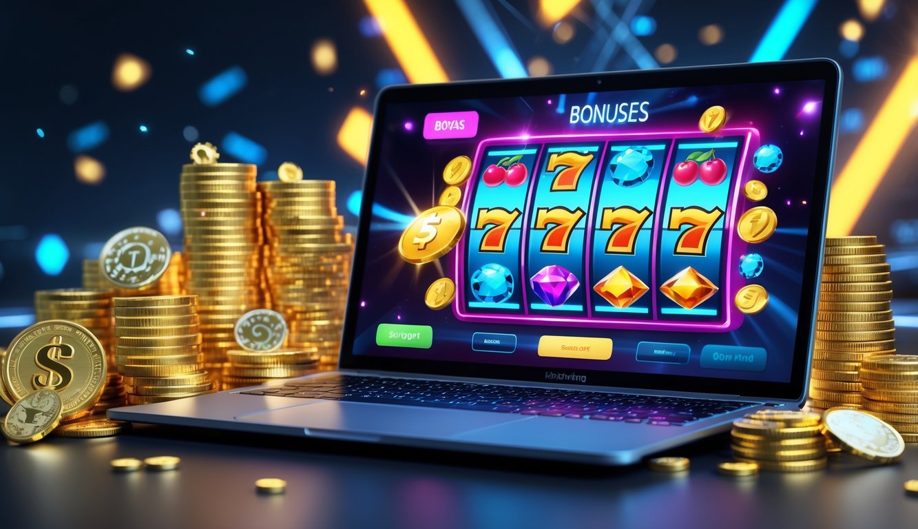 Sebuah komputer menampilkan permainan slot online dengan grafik warna-warni, dikelilingi oleh tumpukan koin emas dan simbol kemenangan.