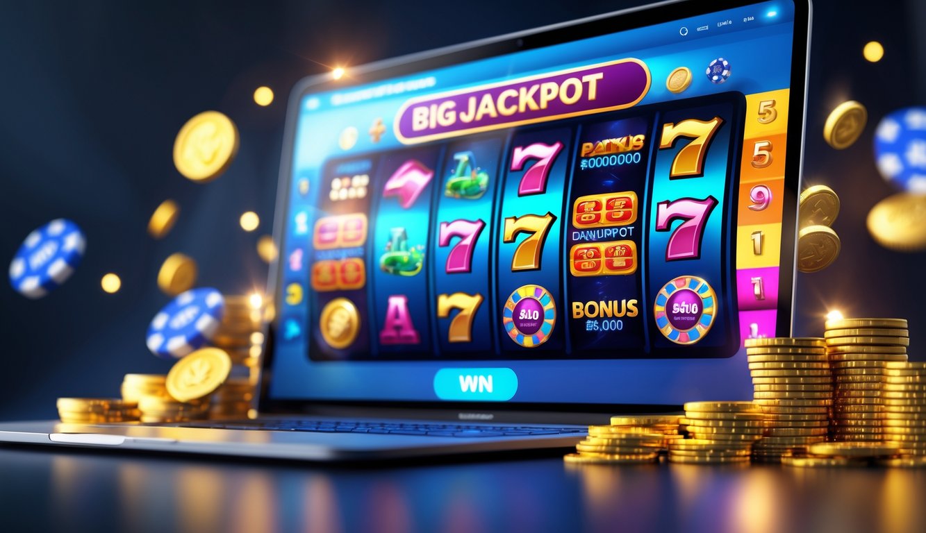 Seorang pemain menggunakan komputer dengan layar menampilkan permainan slot online penuh warna dan simbol jackpot serta bonus, dikelilingi oleh koin emas dan chip kasino.
