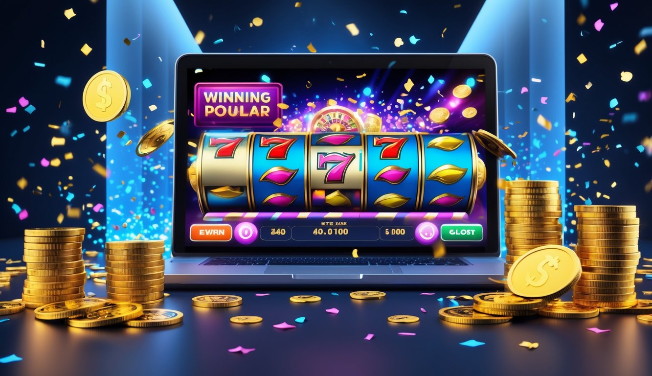Layar komputer menampilkan permainan slot online dengan simbol jackpot dan koin emas di sekitar, menggambarkan suasana kemenangan besar.