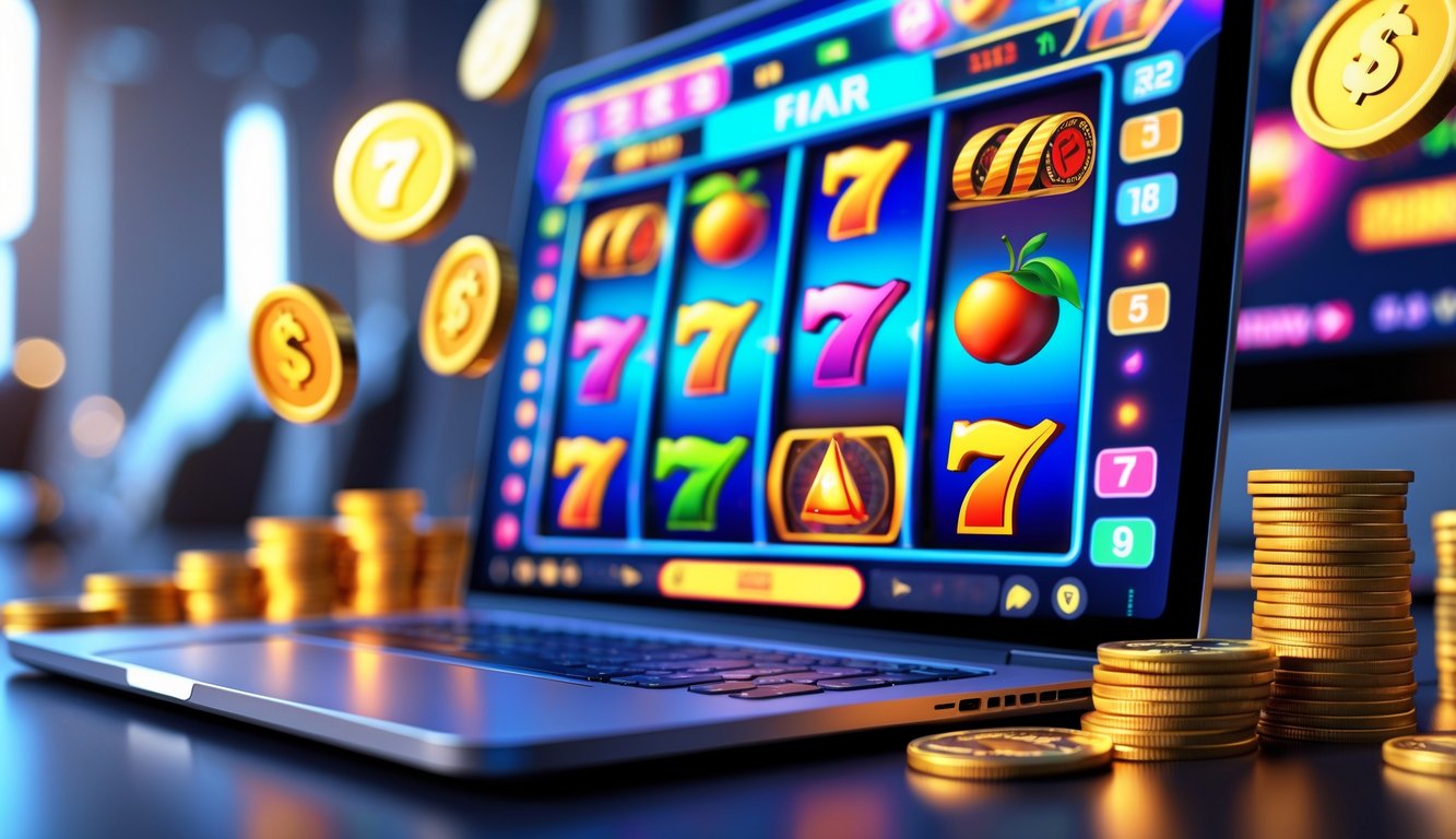 Seorang pemain sedang bermain mesin slot online dengan layar komputer menampilkan gulungan simbol warna-warni dan koin digital yang bersinar di sekitarnya.