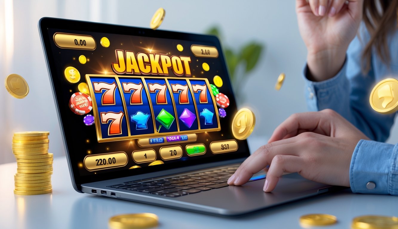 Seseorang menggunakan laptop dengan permainan slot online yang menampilkan jackpot besar dan fitur putaran gratis.