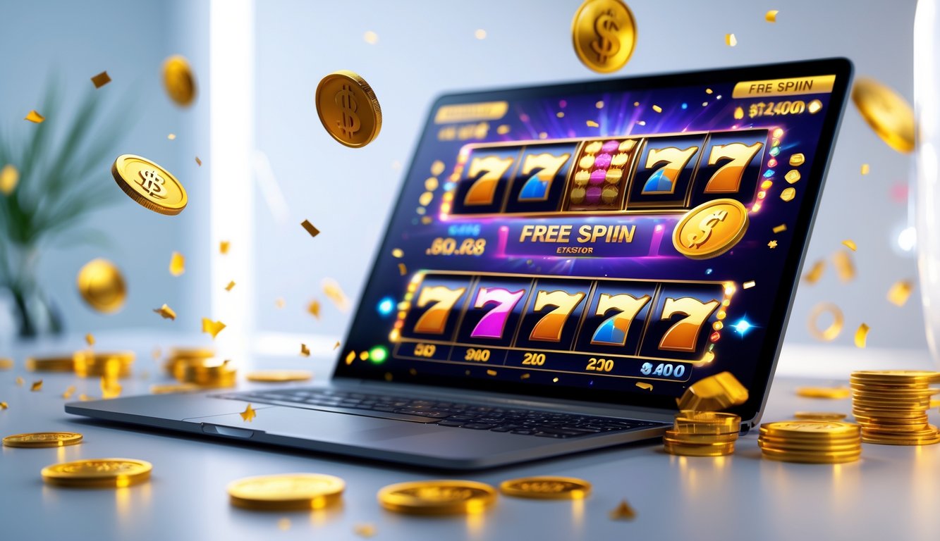 Layar komputer menampilkan permainan slot online dengan simbol jackpot besar dan koin emas di sekitarnya.