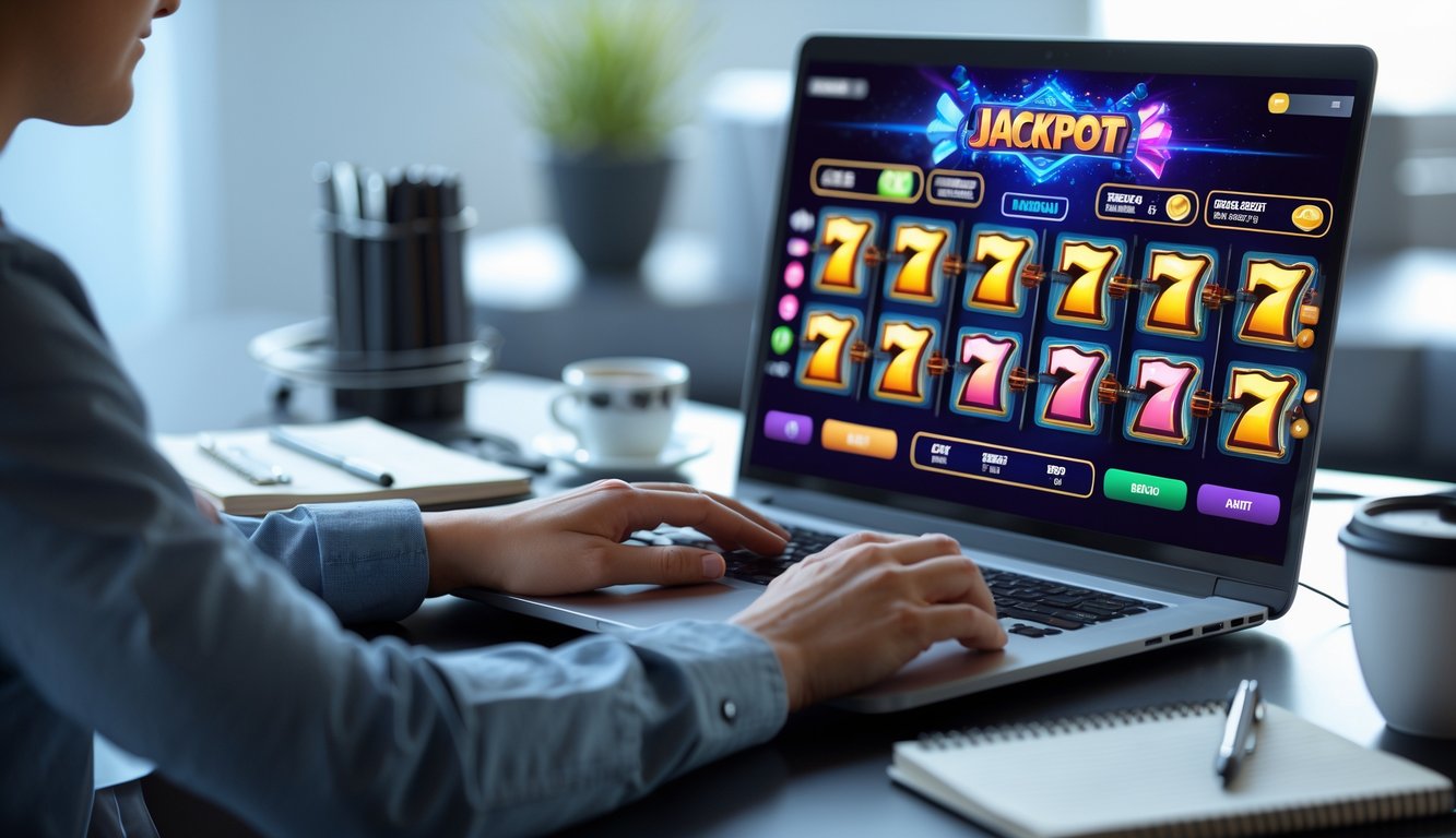 Seseorang duduk di meja modern, fokus pada laptop yang menampilkan permainan slot online dengan simbol jackpot, di sekitar meja terdapat buku catatan dan cangkir kopi.