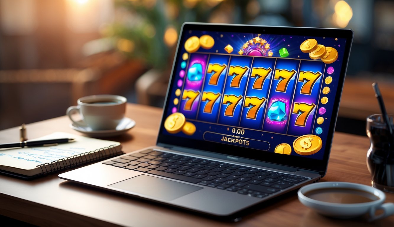 Seorang pemain sedang menggunakan komputer dengan tampilan permainan slot online dan alat tulis di meja untuk merencanakan strategi menang.
