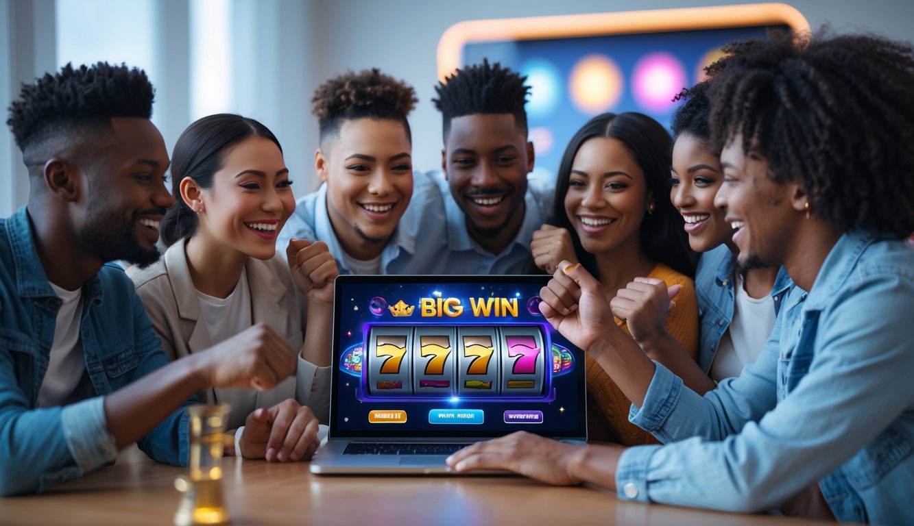 Sekelompok orang muda yang percaya diri merayakan kemenangan besar di permainan slot online dengan laptop di ruangan terang dan modern.