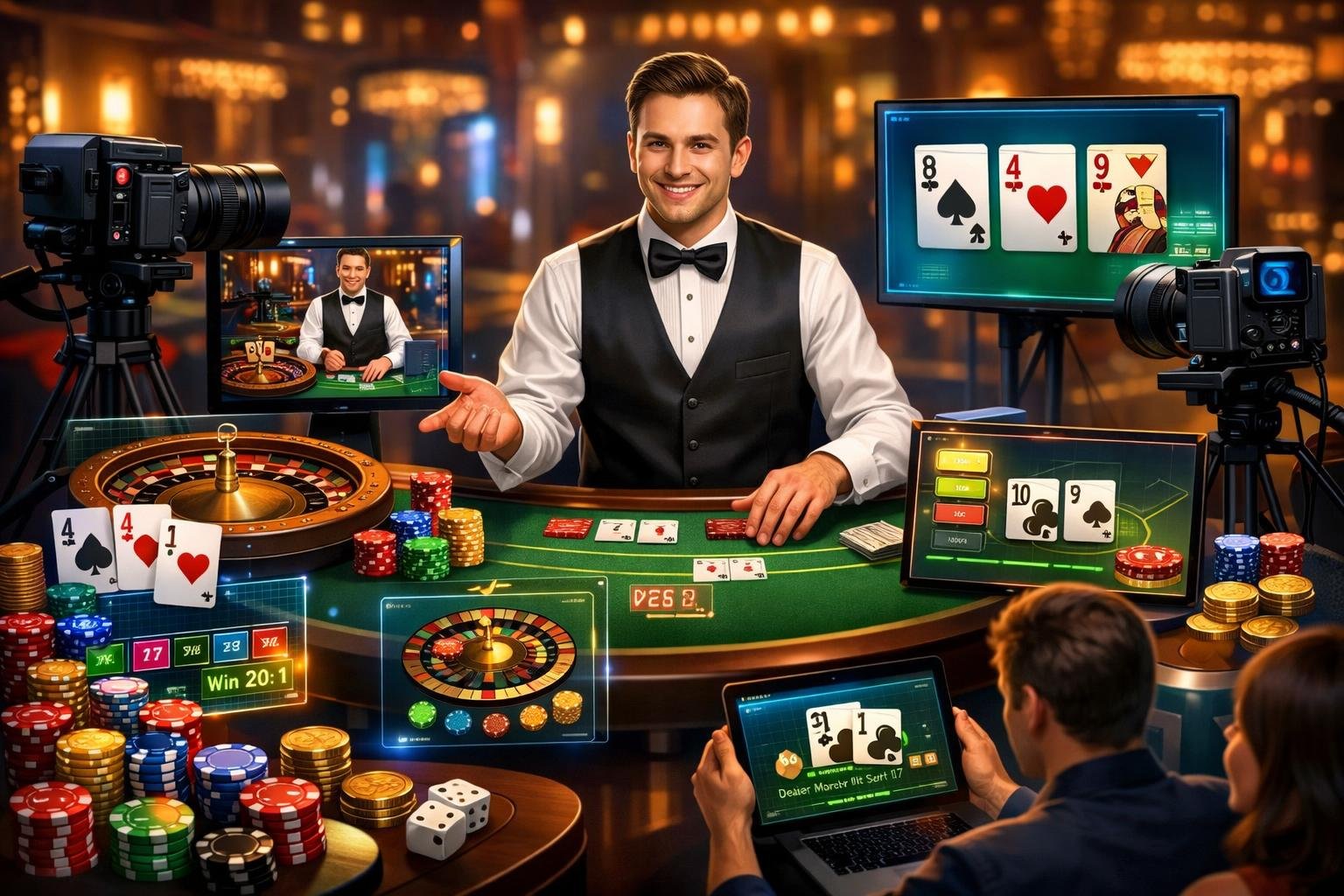 A Live Casino Scene With A Dealer At A Gaming Table Surrounded By Poker Chips, Cards, And A Roulette Wheel, With Players Watching The Game On Screens.