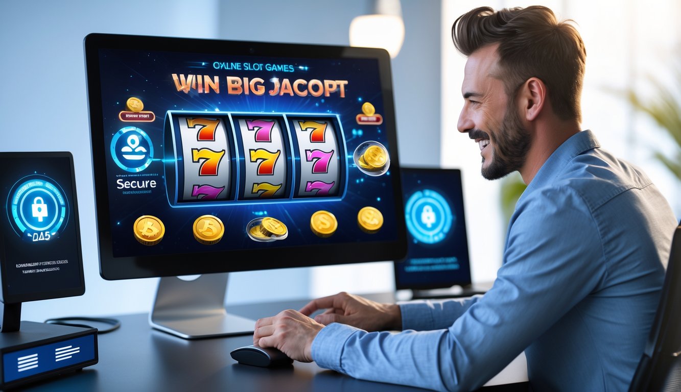 Seorang pemain dewasa sedang bermain mesin slot online di komputer dengan latar belakang ruang kerja modern yang bersih dan terang.