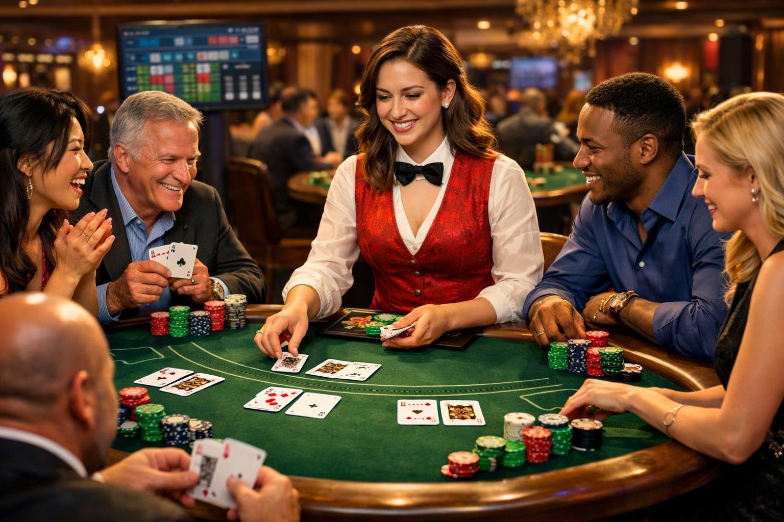 A Group Of Players And A Dealer Around A Blackjack Table In A Casino, With Cards And Chips On The Table.