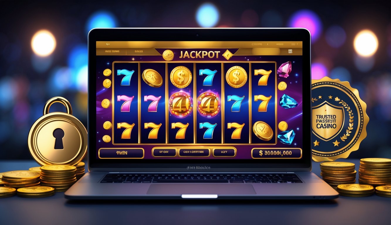 Seseorang sedang menggunakan komputer dengan layar menampilkan permainan slot online penuh warna dan simbol jackpot, dikelilingi oleh ikon keamanan dan sertifikat kepercayaan.