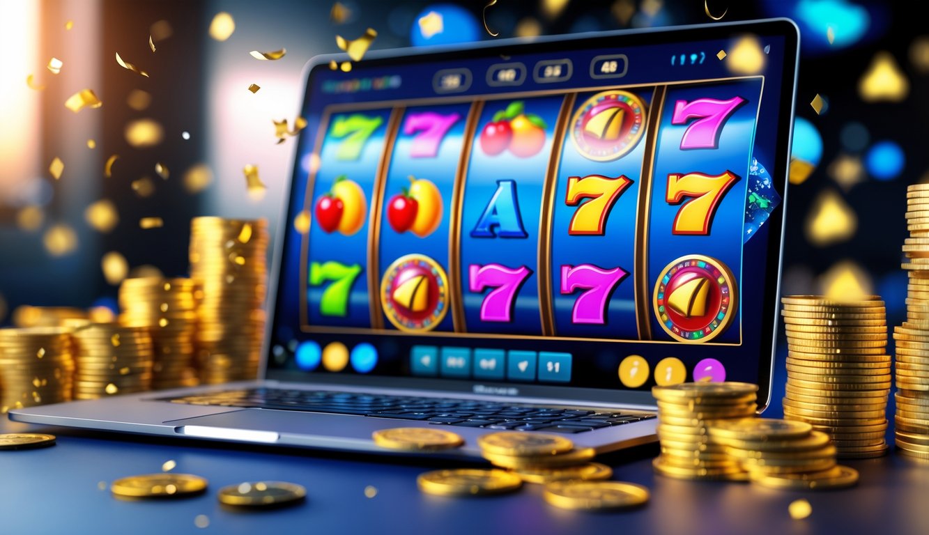 Sebuah layar komputer menampilkan permainan mesin slot dengan simbol berwarna cerah dan tumpukan koin emas di sekitarnya.