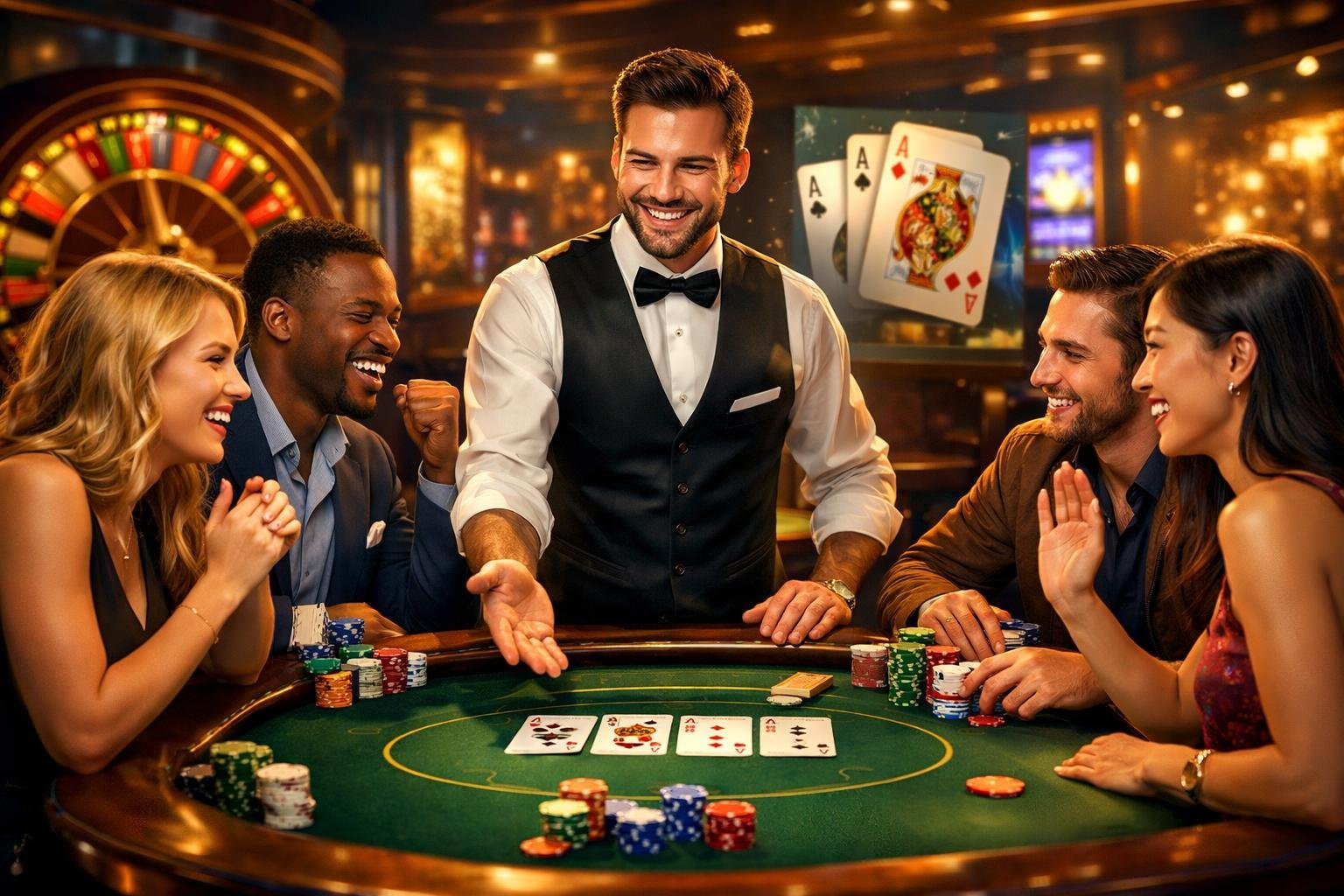 A Group Of Diverse Players Interacting With A Live Dealer At A Casino Table Surrounded By Digital Casino Game Elements.