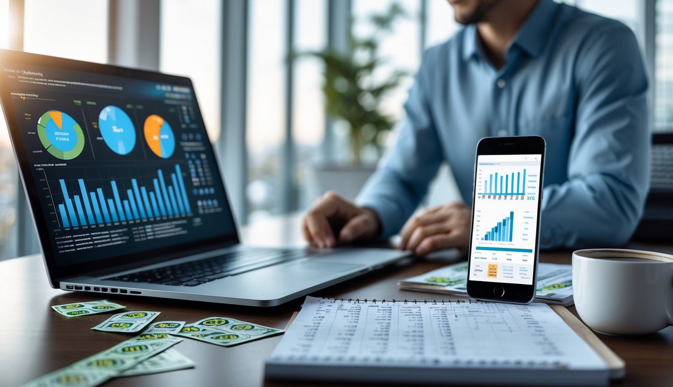 Meja kerja modern dengan laptop, smartphone, catatan, tiket lotre, dan secangkir kopi di ruang kantor yang terang.