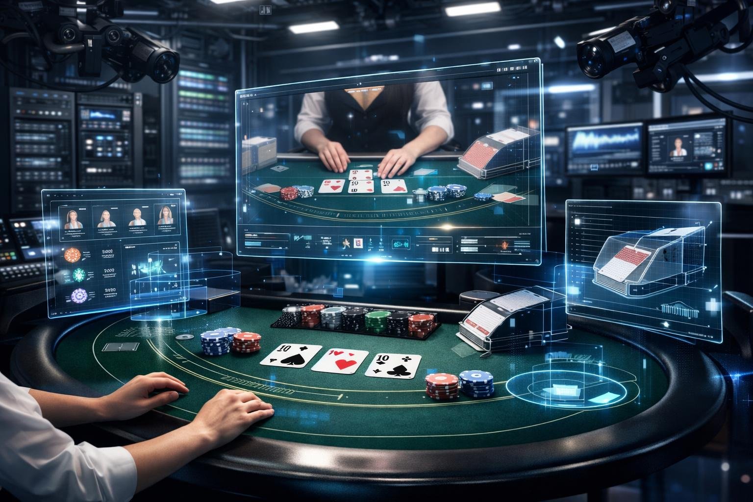 A Modern Casino Blackjack Table With Digital Overlays And Holographic Screens, Showing The Technology And Equipment Supporting A Live Blackjack Game.