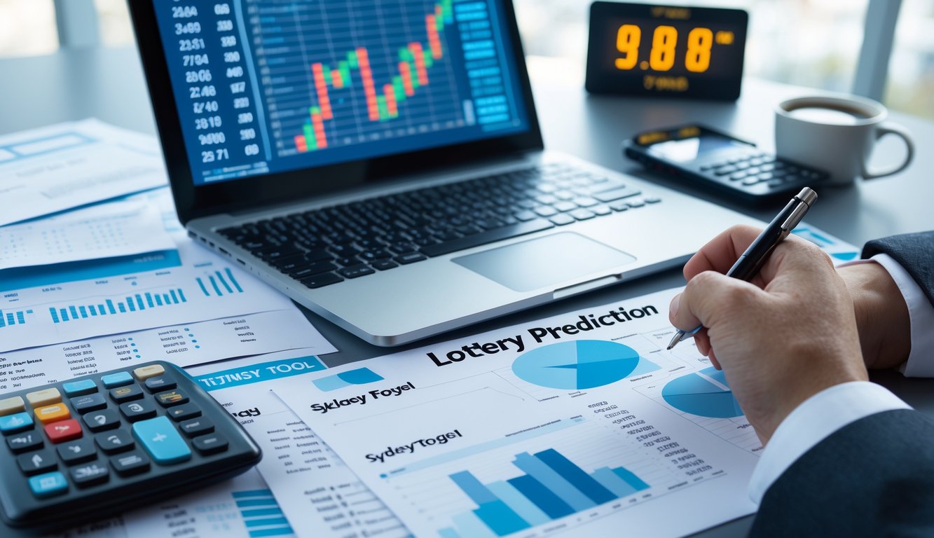 Sebuah meja kerja modern dengan laptop, kertas berisi angka dan grafik, serta tangan yang memegang pena sedang menganalisis data togel Sydney.
