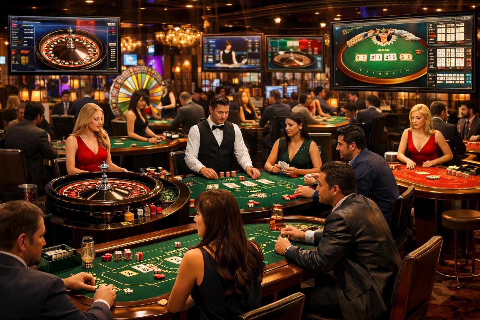 A Lively Casino Floor With Dealers And Players At Various Live Game Tables Including Roulette, Blackjack, And Baccarat.