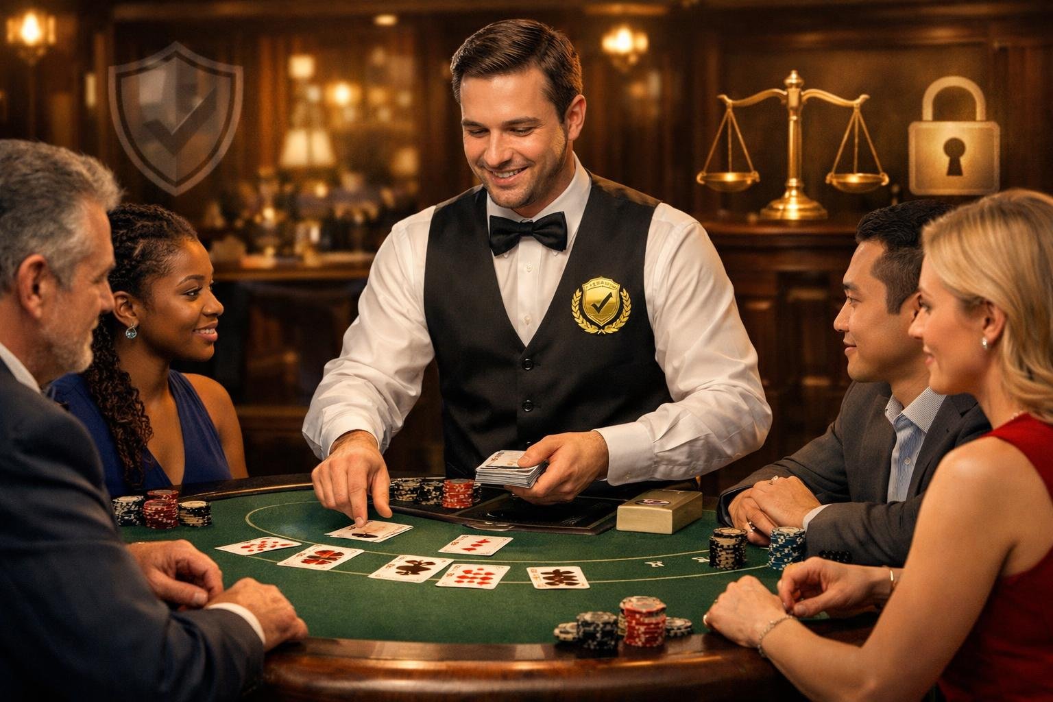 A Casino Scene With A Dealer Dealing Blackjack Cards To Diverse Players Around A Table, With Symbols Representing Fairness And Security In The Background.