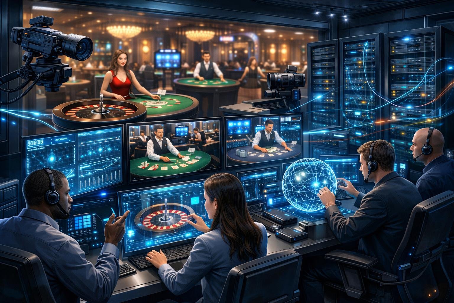 A Control Room With Technicians Monitoring Live Casino Game Feeds On Multiple Screens, With A Casino Floor And Live Dealers Visible In The Background.