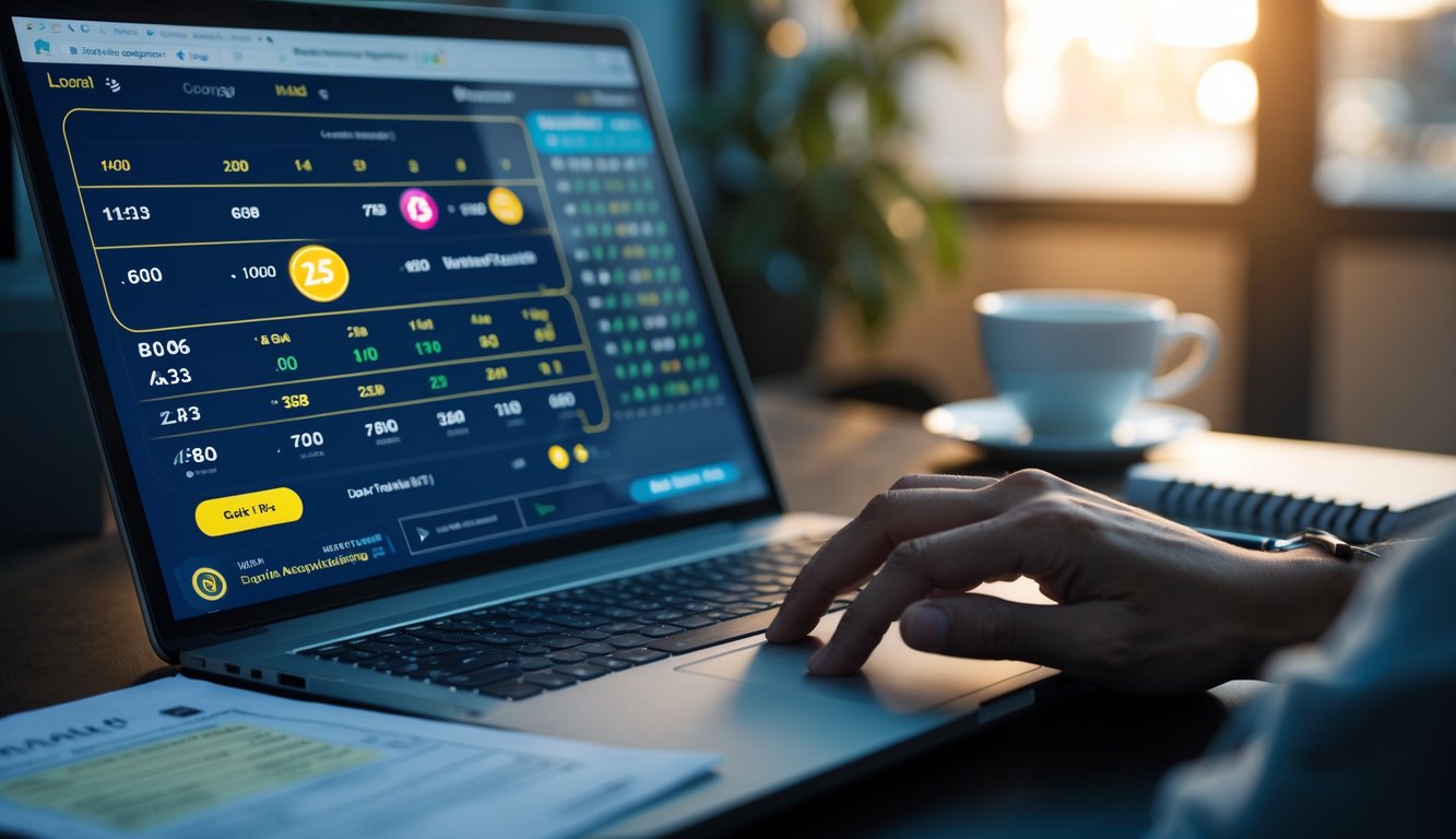 Meja kerja dengan laptop menampilkan antarmuka judi online, catatan, dan alat tulis, dengan suasana fokus dan pencahayaan hangat.