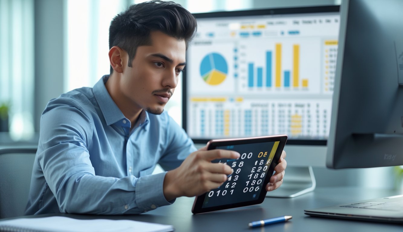 Seorang pria muda fokus menganalisis angka togel di tablet di kantor modern dengan layar komputer menampilkan grafik di latar belakang.