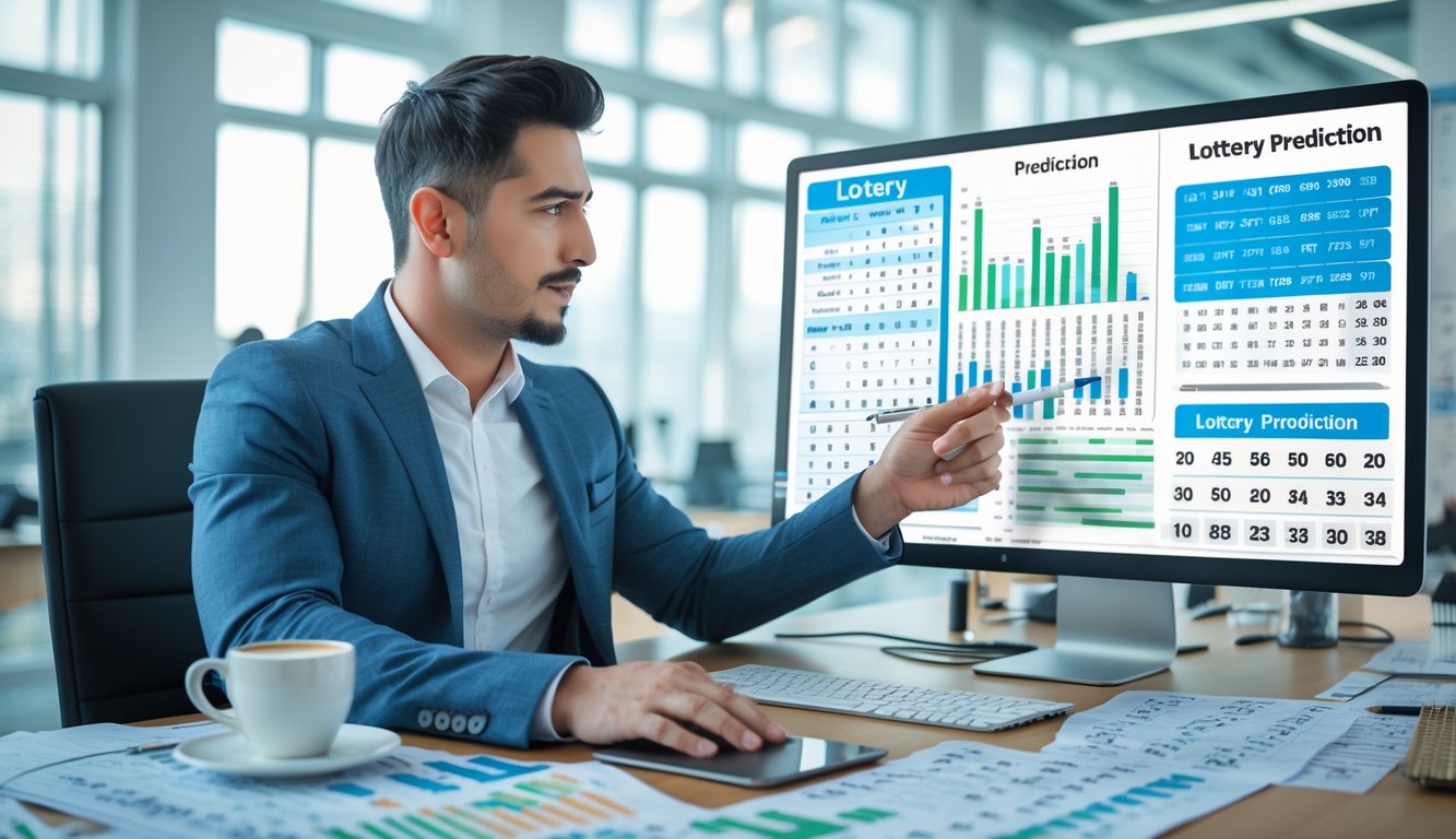 Seorang pria fokus menganalisis grafik prediksi angka di depan komputer di ruang kantor modern.