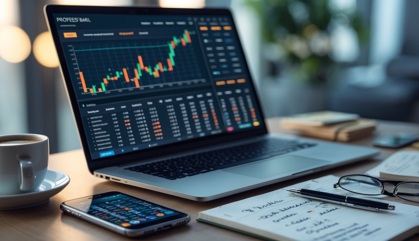 Sebuah ruang kerja modern dengan laptop, ponsel, dan catatan di meja, menunjukkan aktivitas analisis dan perencanaan taruhan togel online.