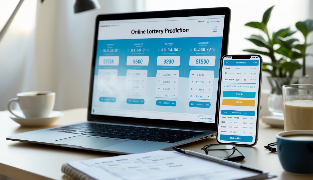 Meja kerja modern dengan laptop, ponsel, dan catatan yang menunjukkan aktivitas prediksi togel online.