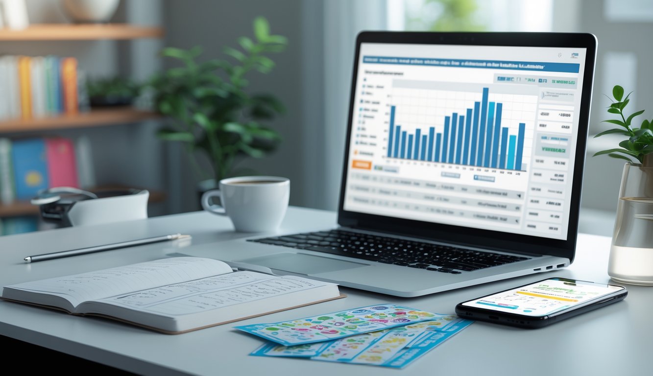 Meja kerja modern dengan laptop, buku catatan, tiket lotre, dan ponsel yang menampilkan aplikasi lotre, diterangi cahaya alami.