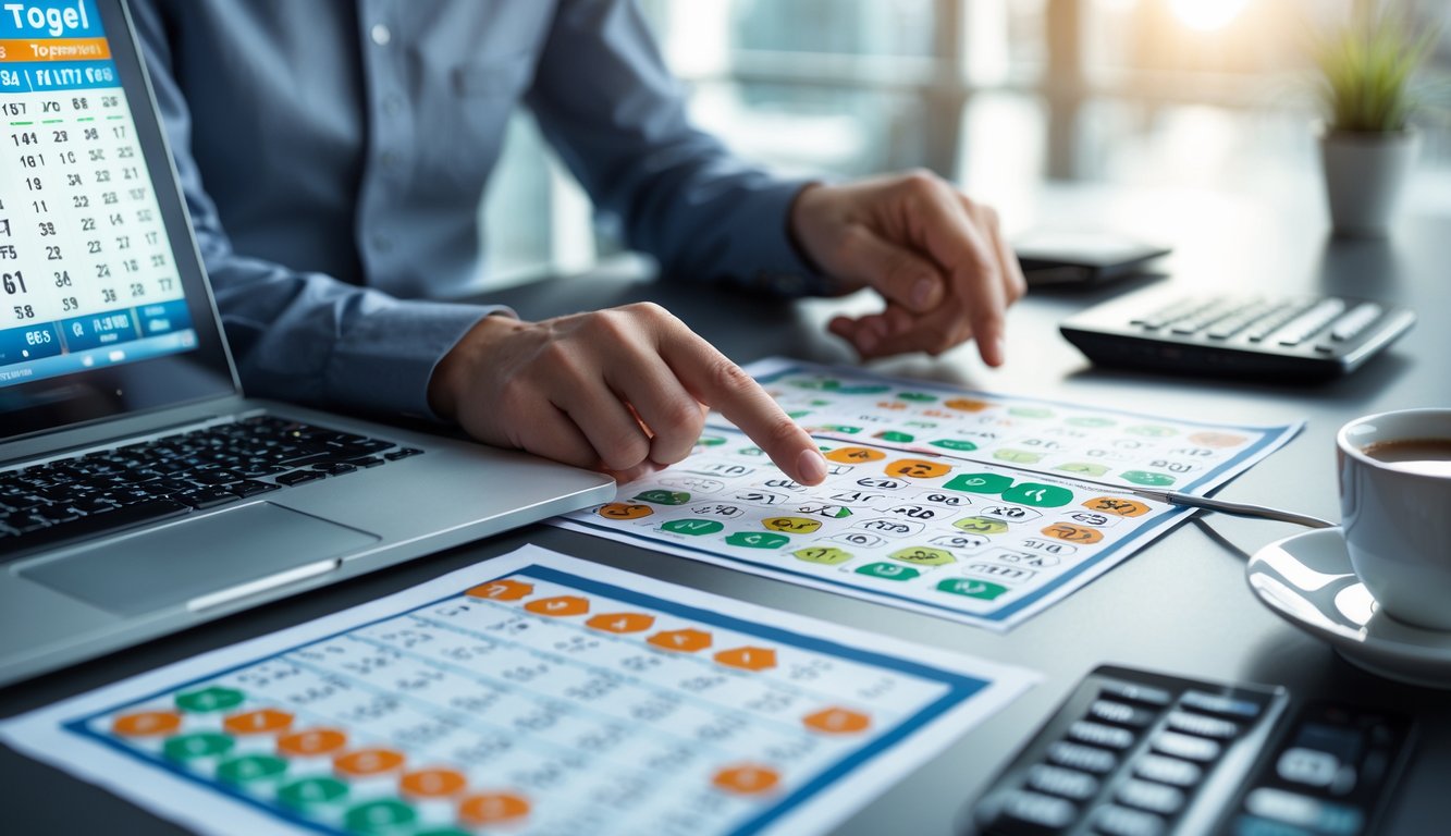 Tangan seseorang sedang menganalisis angka dan grafik togel Sydney di meja kerja dengan laptop, kertas, dan kalkulator.