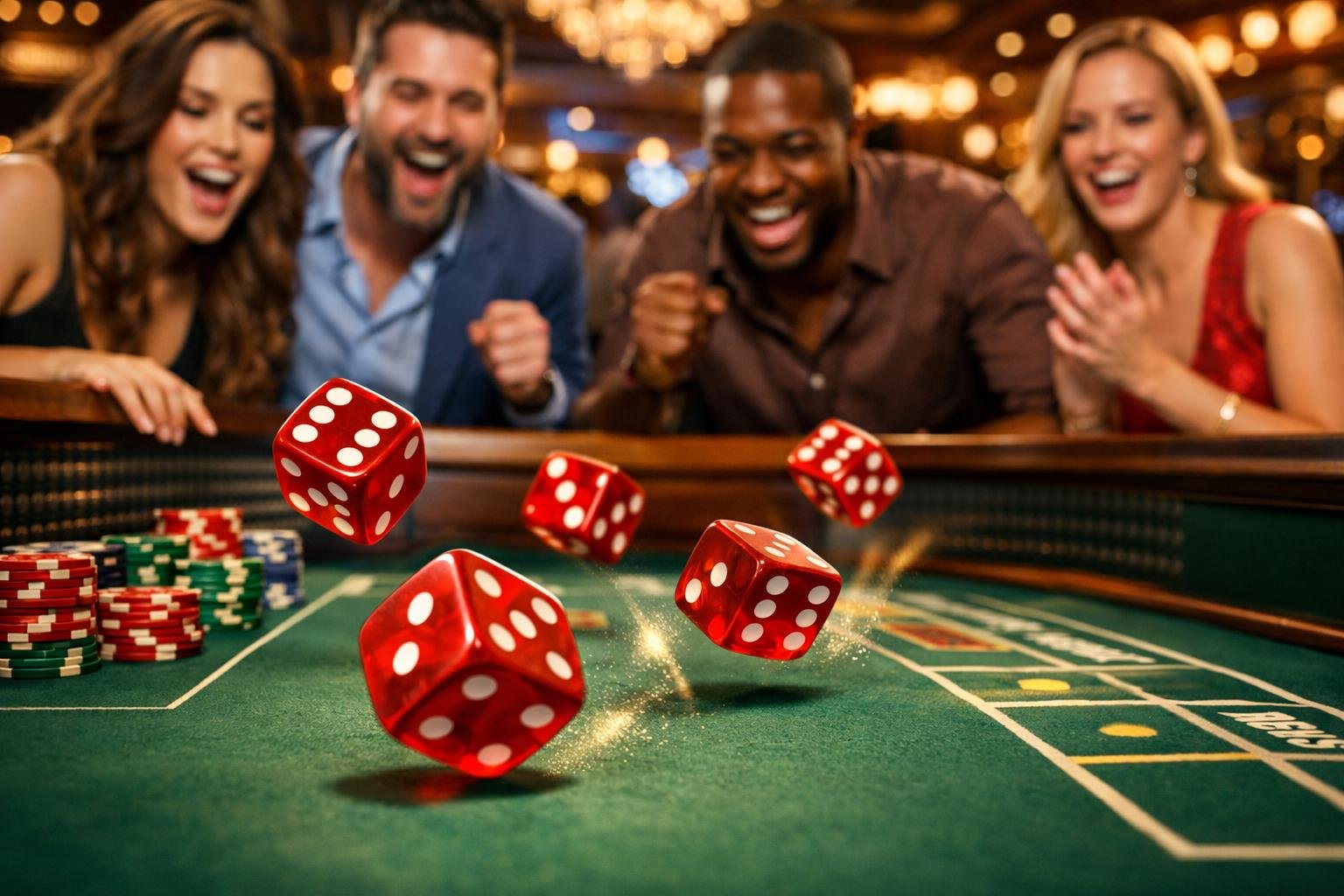 A Casino Table With Dice Rolling And Players Gathered Around, Enjoying A Live Dice Game.