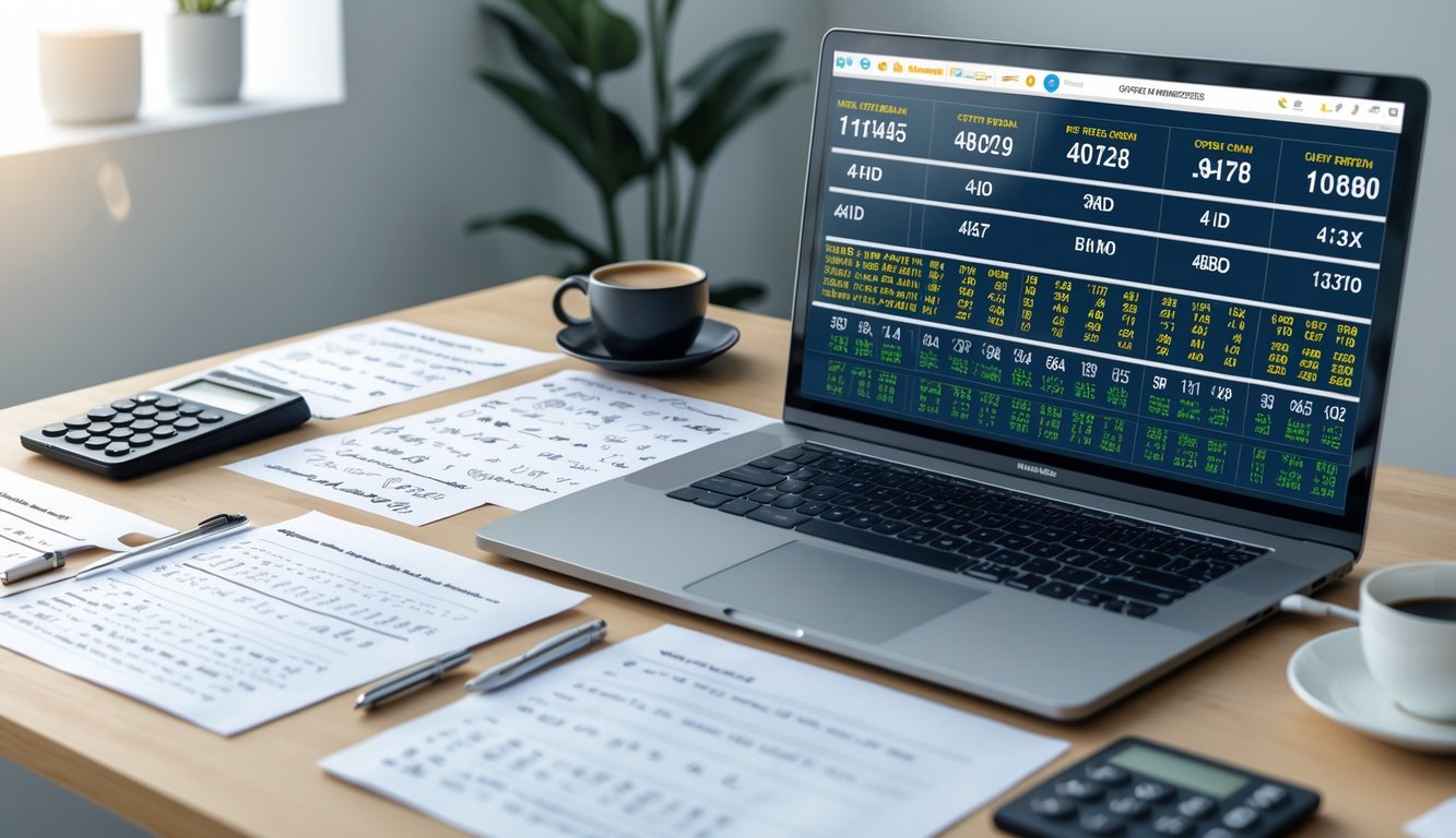 Meja kerja dengan laptop yang menampilkan data angka dan grafik, kertas catatan, kalkulator, dan secangkir kopi.