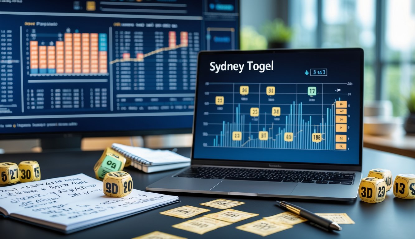 Meja kerja dengan laptop yang menampilkan grafik dan angka prediksi togel, tiket togel, pena, dan buku catatan dengan catatan di sekitarnya.