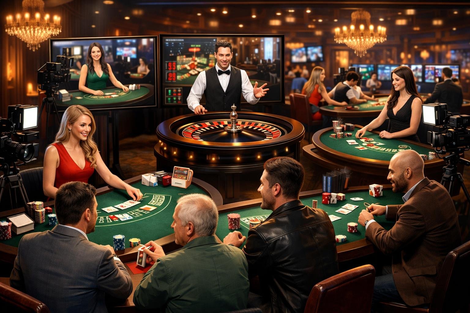 A Lively Casino Floor With Dealers And Players Engaged In Live Card And Roulette Games, Surrounded By Digital Screens And Casino Equipment.
