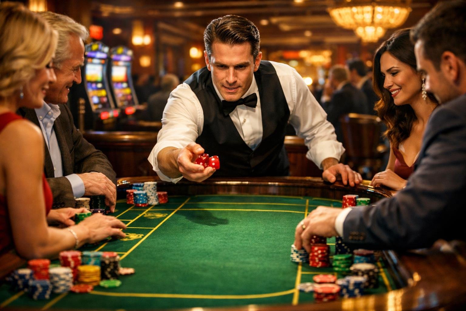 A Lively Casino Scene Showing A Dealer Rolling Dice On A Table Surrounded By Players Placing Chips.