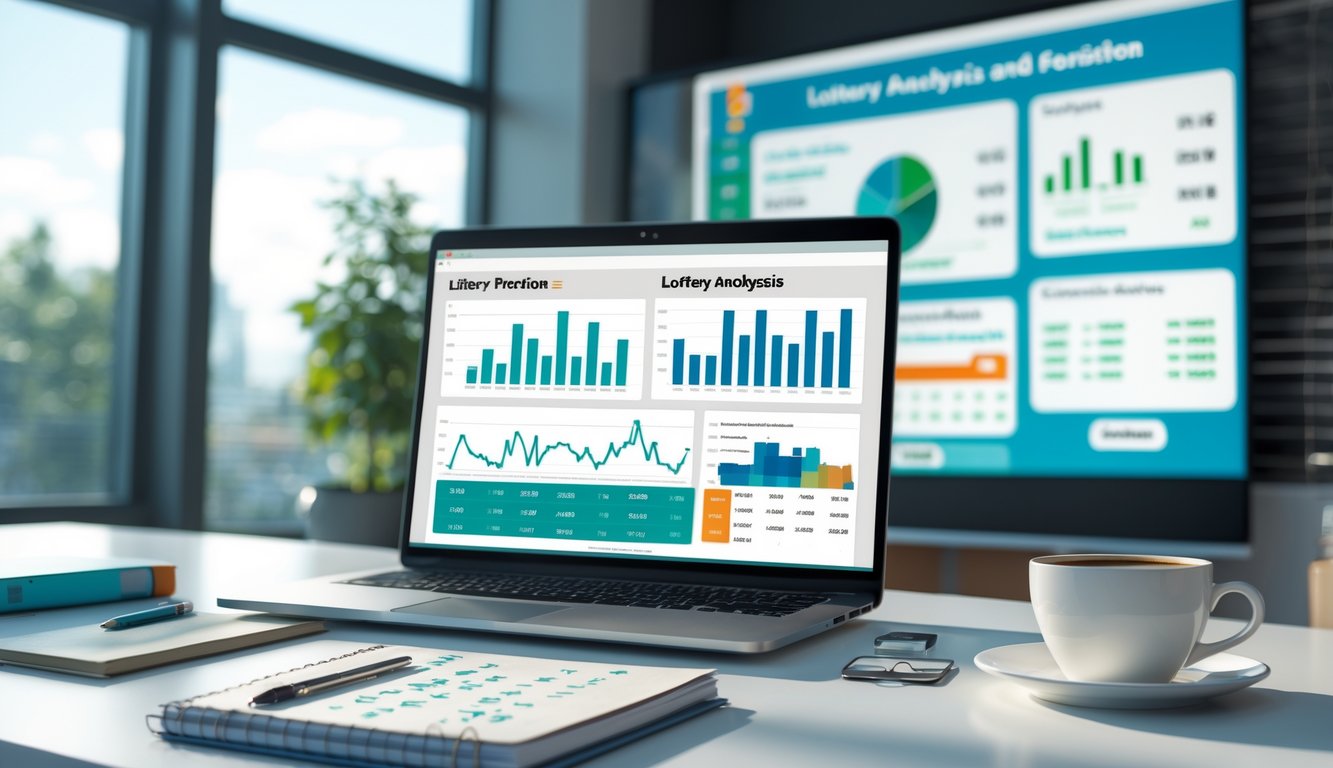 Meja kerja dengan laptop menampilkan grafik dan angka, secangkir kopi, dan buku catatan dengan tulisan tangan di ruangan yang terang.