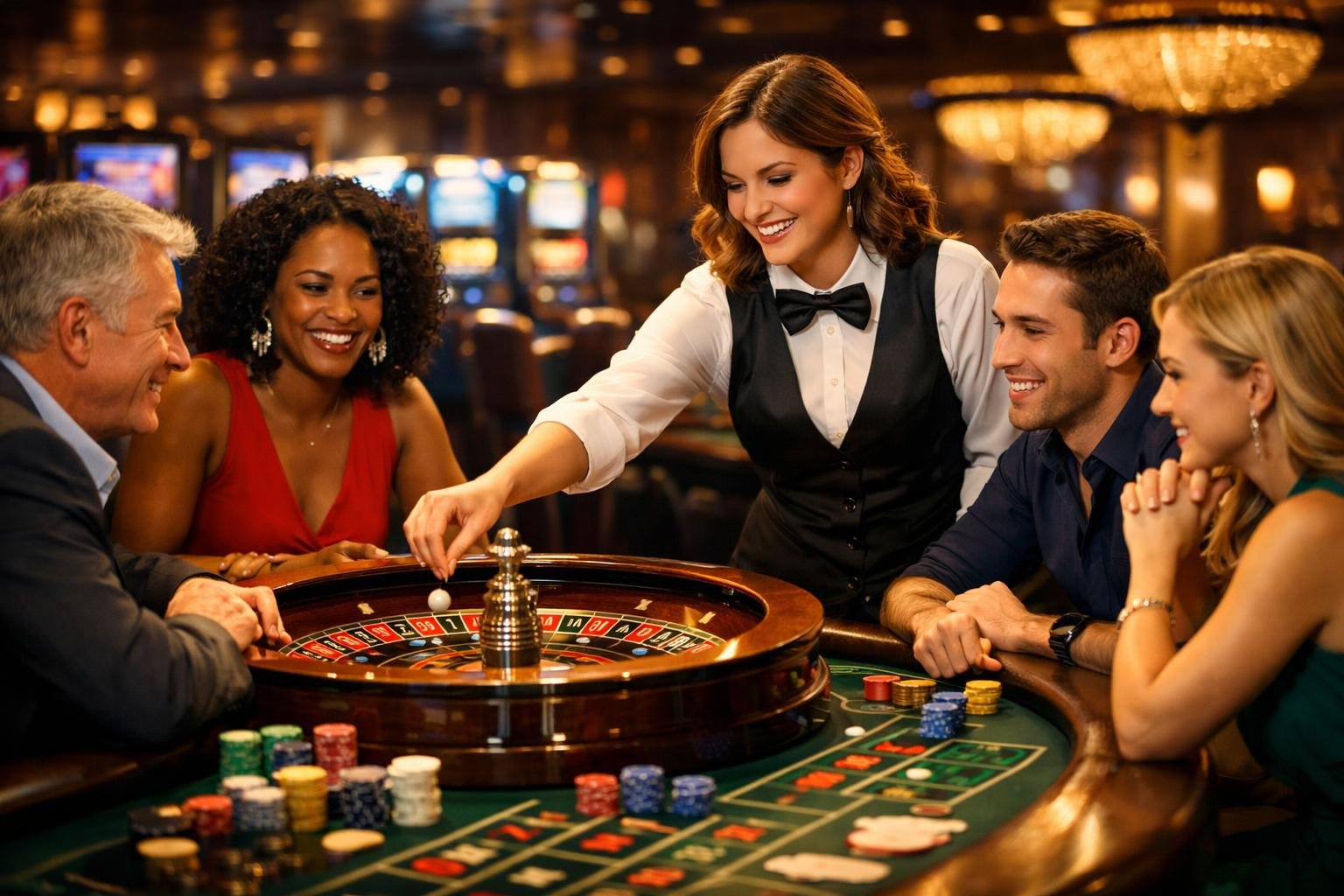 A Casino Table With A Dealer Interacting With Players In A Lively Casino Setting.