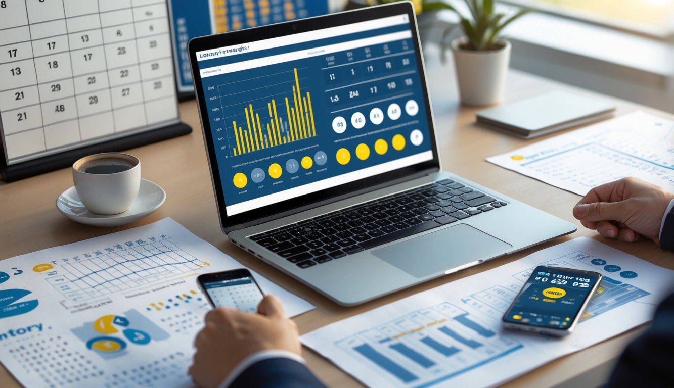 Meja kerja dengan laptop, smartphone, dan lembar data angka togel, suasana fokus dan analitis.