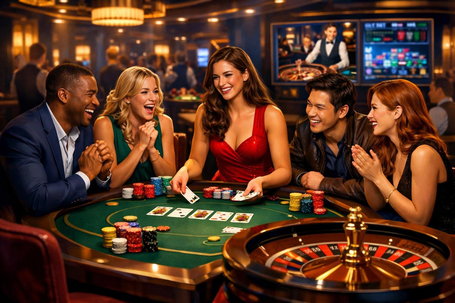A Group Of Diverse Players Enjoying A Live Casino Game With A Dealer At A Table Featuring Cards, Roulette Wheel, And Chips In An Elegant Casino Setting.