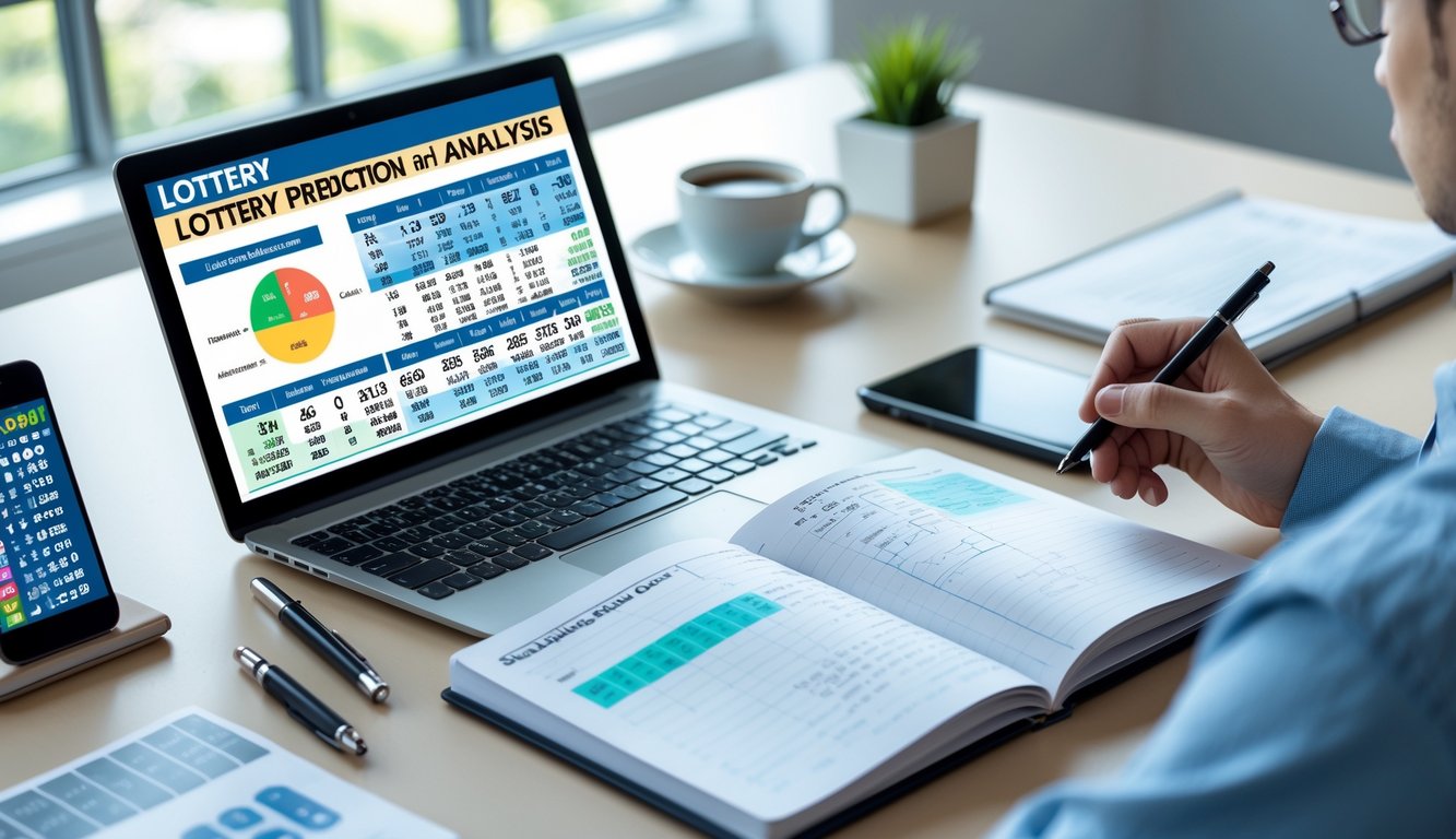 Seseorang sedang menganalisis data togel di meja kerja dengan laptop, catatan, dan alat tulis.