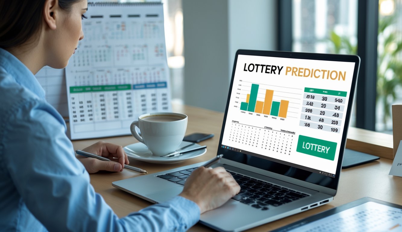 Seseorang sedang menganalisis data togel di meja kerja dengan laptop, catatan, dan kopi di kantor yang terang.