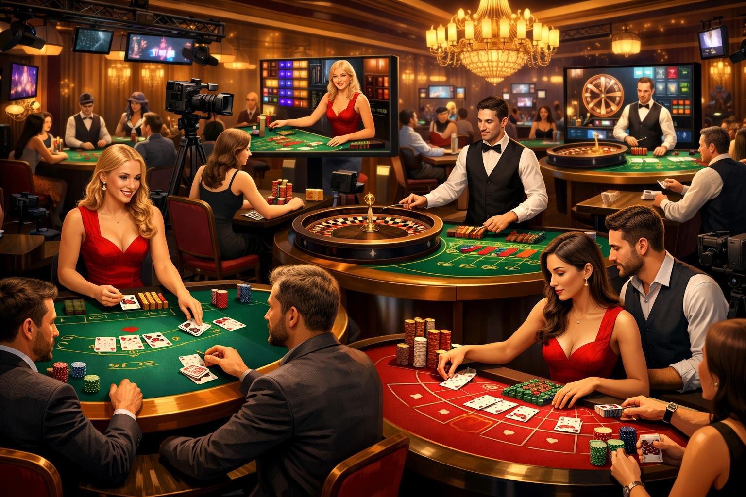 A Lively Casino Floor With Multiple Gaming Tables Showing Dealers And Players Engaged In Various Live Casino Games Like Blackjack, Roulette, Baccarat, And Poker.