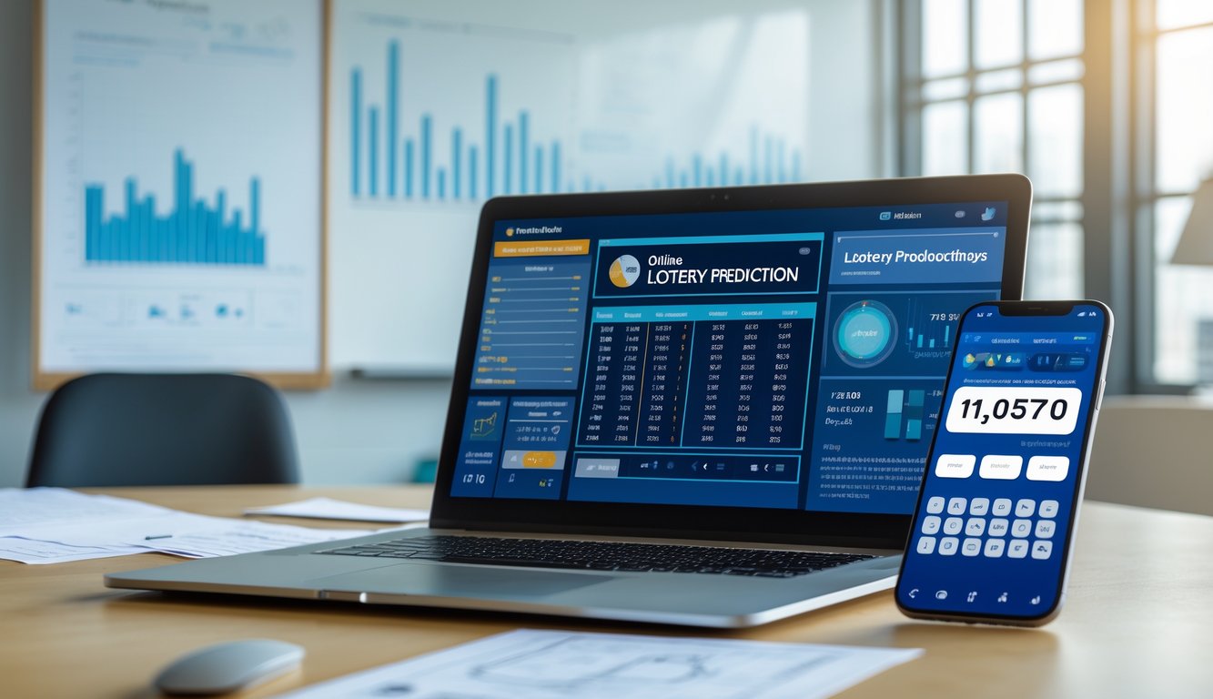 Meja kerja modern dengan laptop dan ponsel yang menampilkan data dan grafik terkait prediksi togel online.